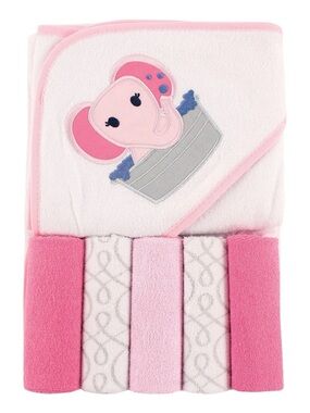 Luvable Friends Pink and White Hooded Towel & Washcloth Set - Elephant Applique